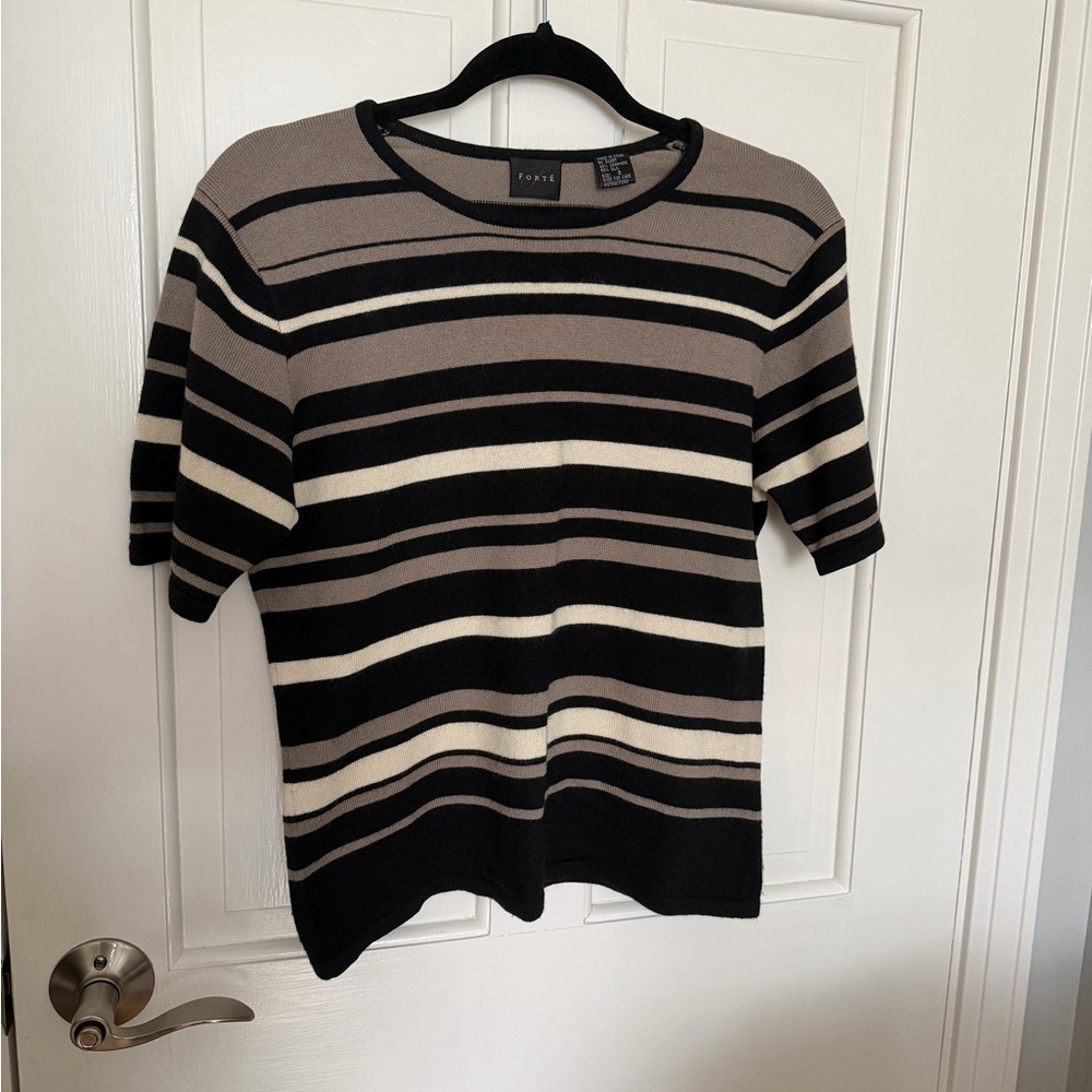 Forte Striped Short-Sleeve Knit Top in Black, Taupe, and Cream USA small